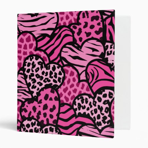 Pink and black girly animal print hearts 3 ring binder