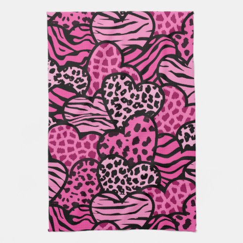 Pink and black girly animal print hearts kitchen towel