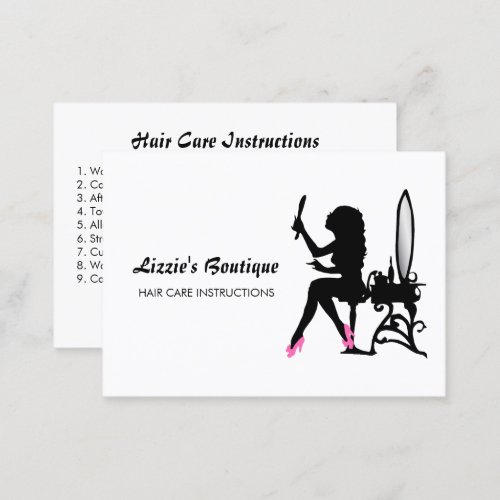 Pink and Black Girly Girl Hair Care Instructions Business Card