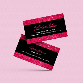 Pink And Black Glam Faux Glitter Business Card by jenniferstuartdesign at Zazzle