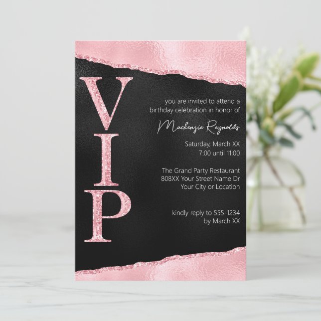 Pink and Black Glamorous Glitter VIP Party Invitation (Standing Front)