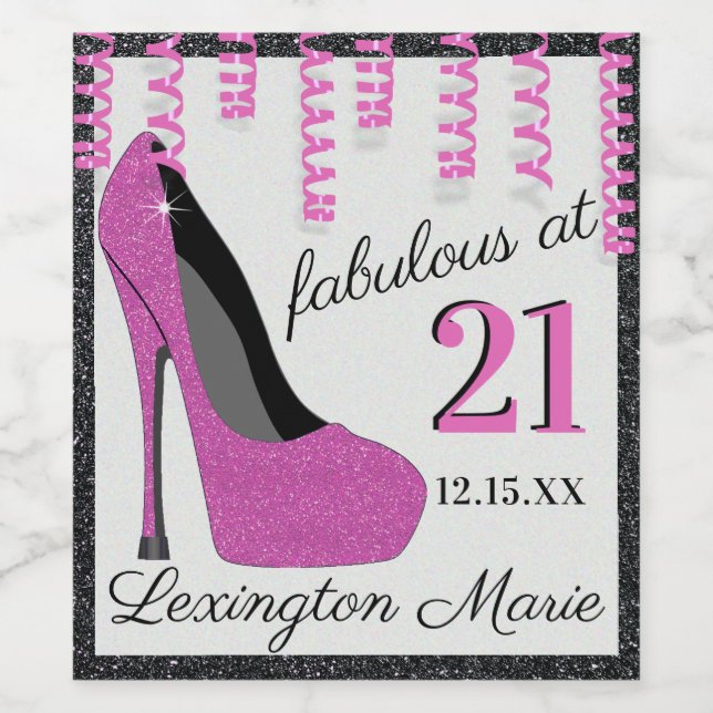 Pink and Black Glitter Birthday Sparkling Wine or Label (Single Label)