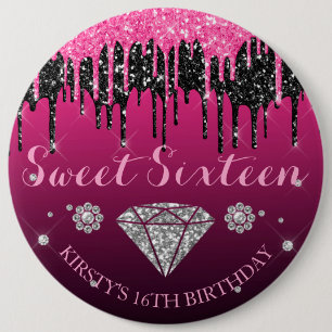 Pink and Black Glitter Drip Diamond Sweet Sixteen Button