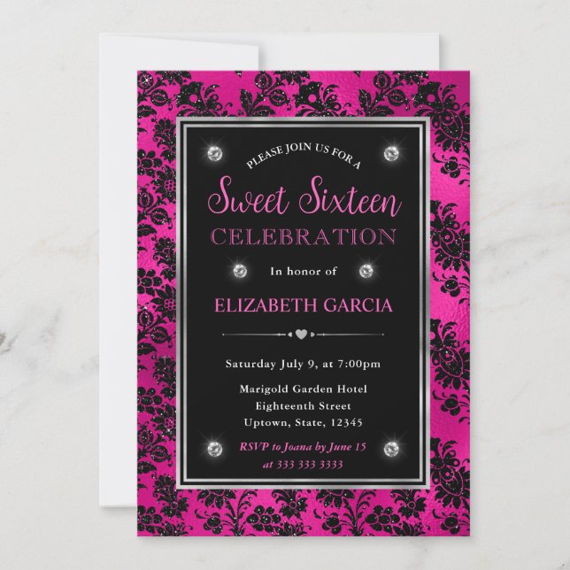 Pink and Black Glitter Floral Damask Sweet 16 Invitation (Front)
