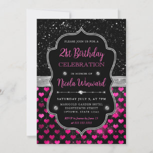 Pink and Black Glitter Hearts 21st Birthday Invitation