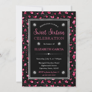 Pink and Black Glitter Leopard Spots Sweet Sixteen Invitation