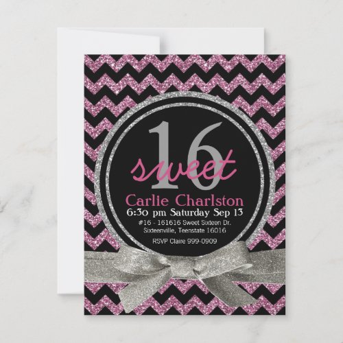 Pink and Black Glitter Look Chevron Sweet 16 Party Custom Announcement