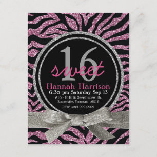 Pink and Black Glitter Look Zebra Sweet 16 Party Invitation