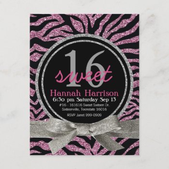 Pink And Black Glitter Look Zebra Sweet 16 Party Invitation by PartyHearty at Zazzle