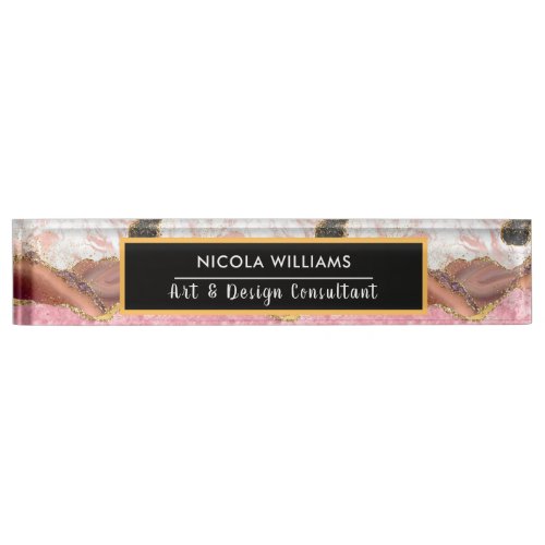 Pink and Black Glitter Marble Agate Desk Name Plate