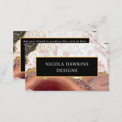Pink and Black Glitter Marble Agate Referral Card