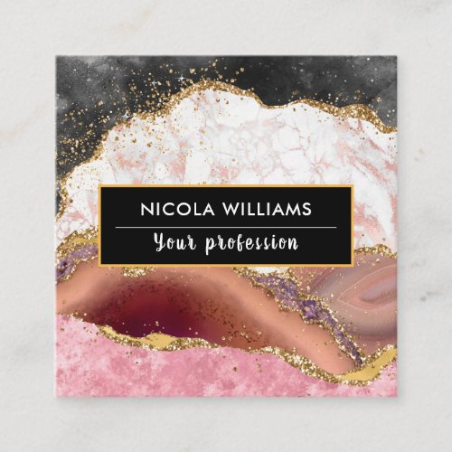 Pink and Black Glitter Marble Agate Square Business Card