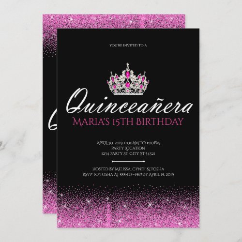 Pink and Black Glitter Quinceanera Invitations