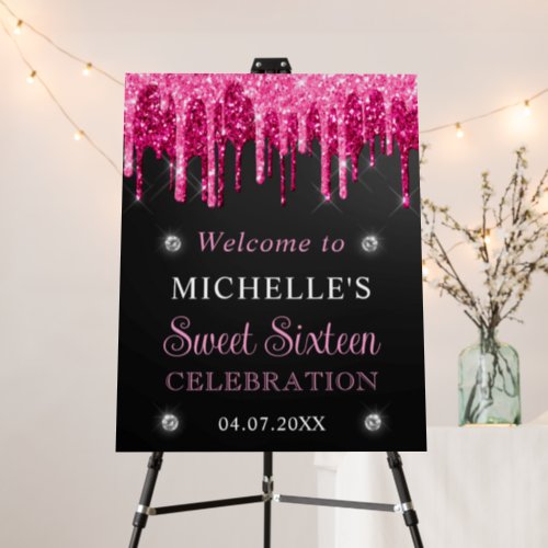 Pink and Black Glitter Sweet 16 Welcome Sign