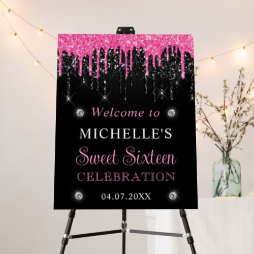 Pink and Black Glitter Sweet 16 Welcome Sign