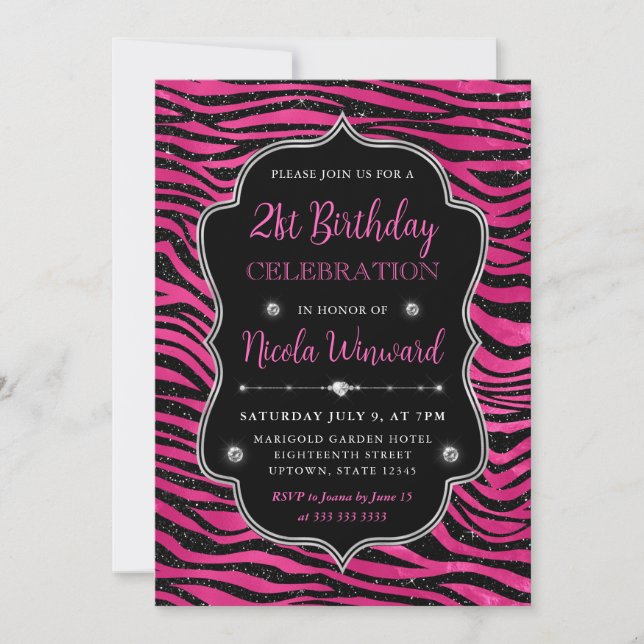 Pink and Black Glitter Tiger Stripes 21st Birthday Invitation (Front)
