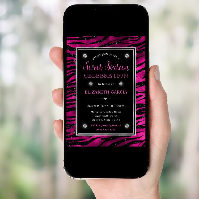 Pink and Black Glitter Tiger Stripes Sweet Sixteen Invitation (Front Digital)