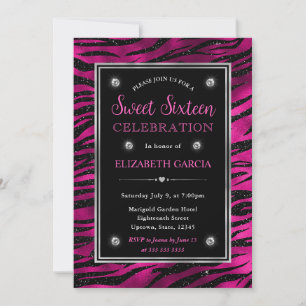 Pink and Black Glitter Zebra Stripes Sweet Sixteen Invitation