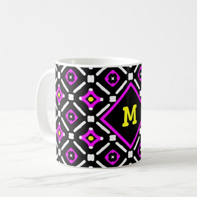 Pink and Black God's Eye Pattern Monogram Coffee Mug (Front Left)