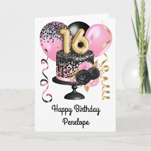 Pink and Black Gold 16th Birthday Card (Front)