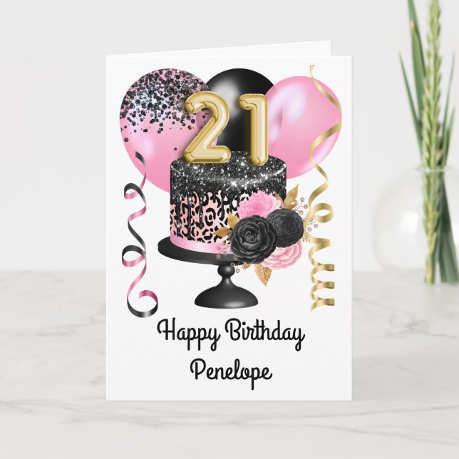 Pink and Black Gold 21st Birthday Card (Front)