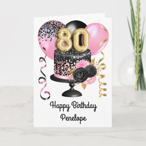 Pink and Black Gold 80th Birthday Card
