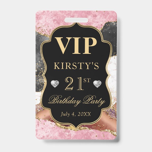 Pink and Black Gold Glitter Agate Birthday VIP Badge (Front)