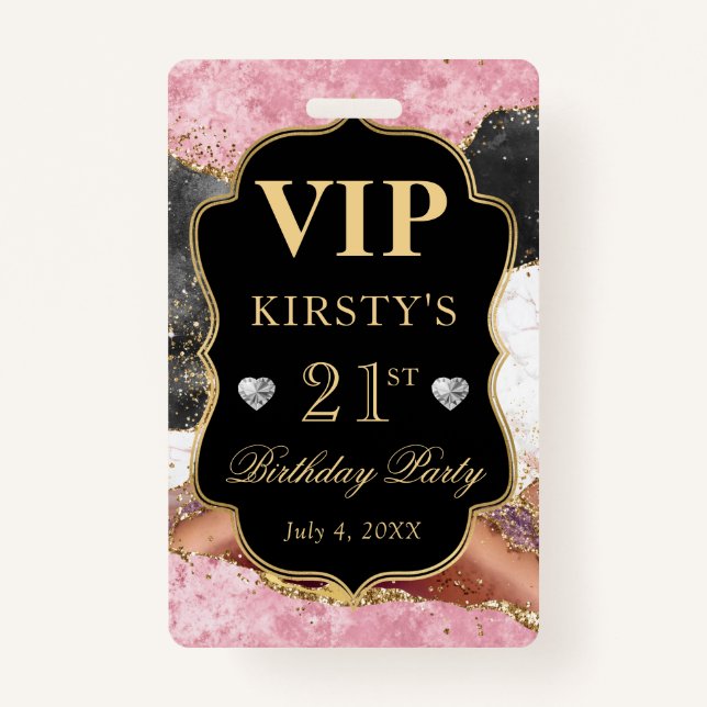 Pink and Black Gold Glitter Agate Birthday VIP Badge (Front)