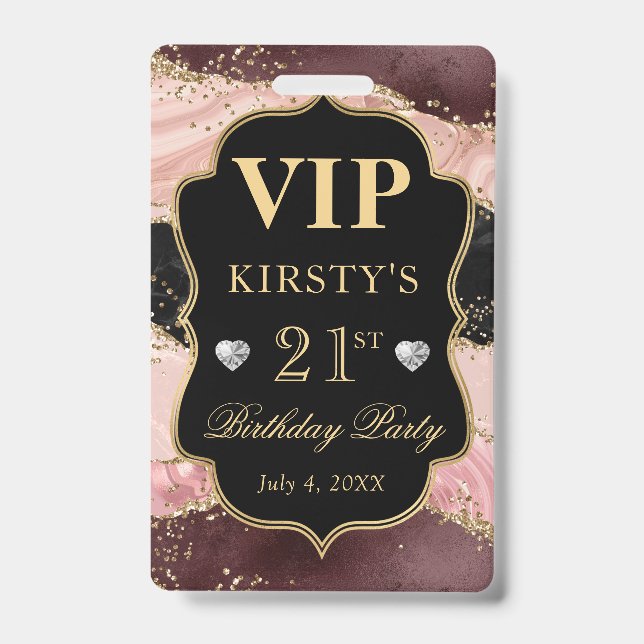 Pink and Black Gold Glitter Agate Birthday VIP Badge (Front)