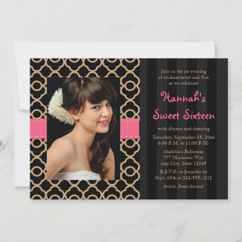 Pink and Black Gold Moroccan Sweet Sixteen Photo Card