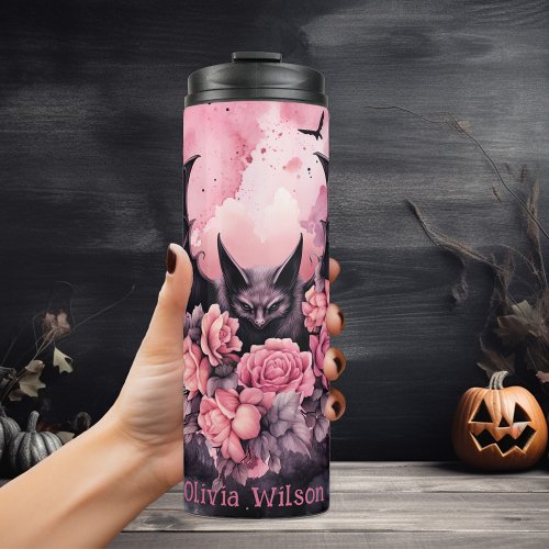 Pink and Black Goth Floral Bat Personalized  Thermal Tumbler