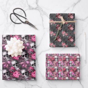 Pink and Black Goth Floral Skulls Wrapping Paper Sheets