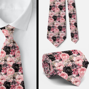 Pink and Black Goth Flowers Floral Neck Tie