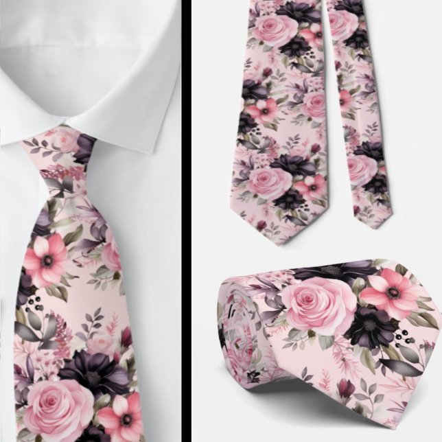 Pink and Black Goth Flowers Floral Neck Tie (Creator Uploaded)