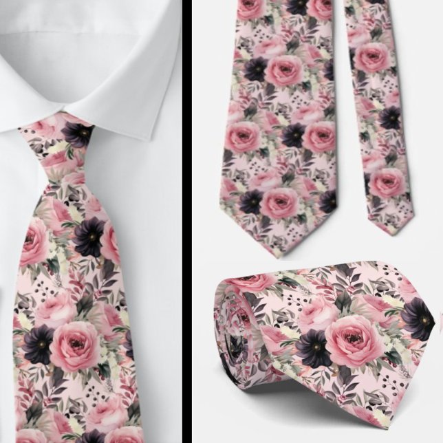 Pink and Black Goth Flowers Floral Neck Tie (Creator Uploaded)