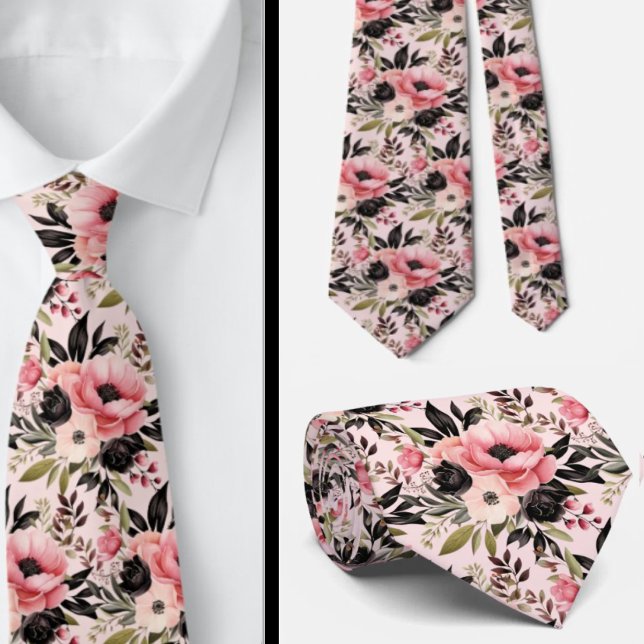 Pink and Black Goth Flowers Floral Neck Tie (Creator Uploaded)