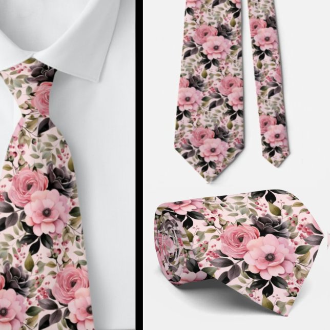 Pink and Black Goth Flowers Floral Neck Tie (Creator Uploaded)