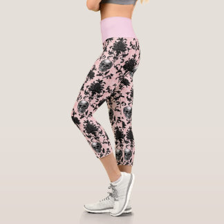Pink and Black Goth Skulls and Roses  Capri Leggings