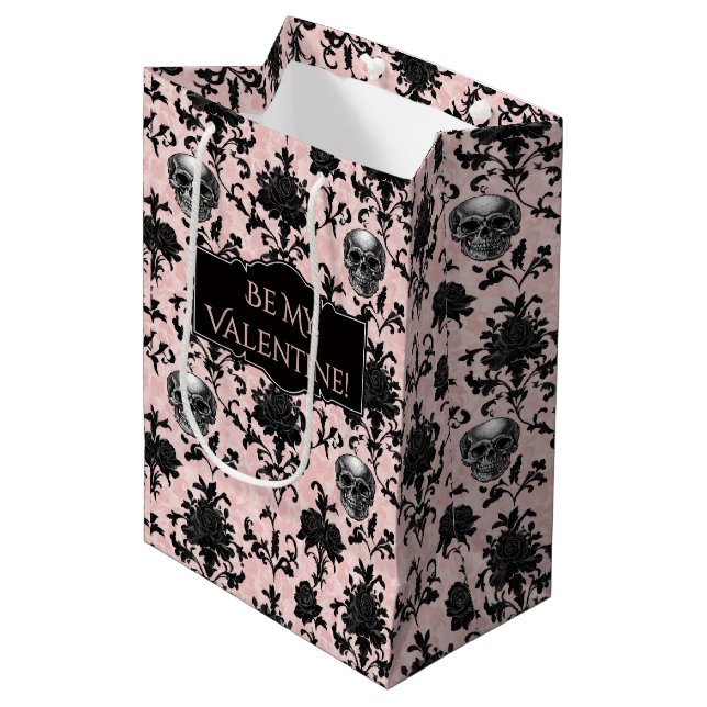 Pink and Black Goth Skulls and Roses  Medium Gift Bag (Front Angled)