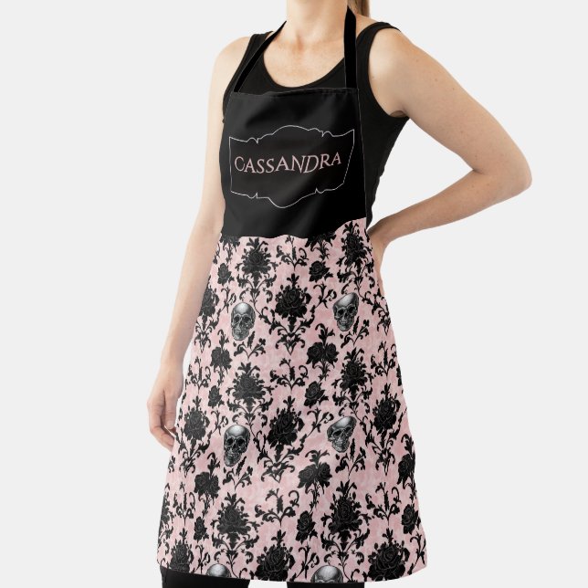 Pink and Black Goth Skulls and Roses Personalized  Apron (Insitu)