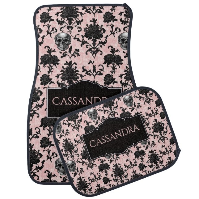 Pink and Black Goth Skulls and Roses Personalized Car Floor Mat (Set)