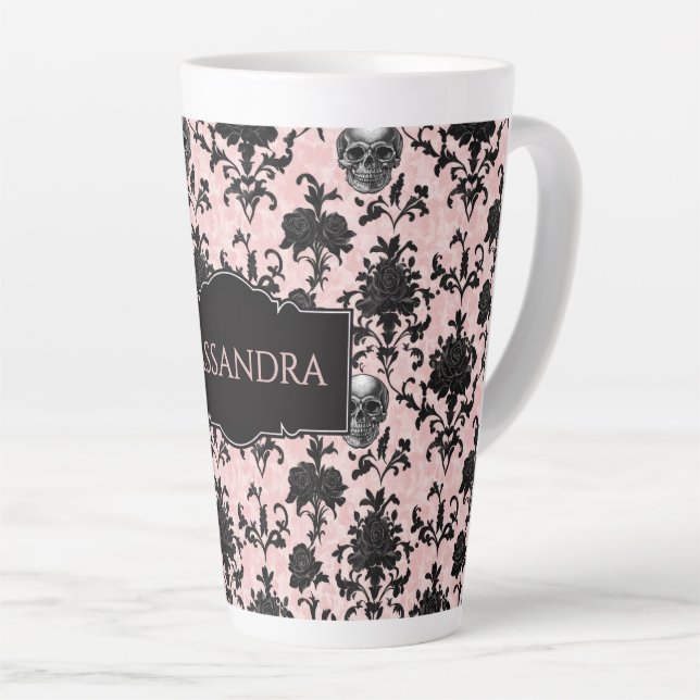 Pink and Black Goth Skulls and Roses Personalized  Latte Mug (Right Angle)