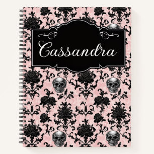 Pink and Black Goth Skulls and Roses Personalized Notebook