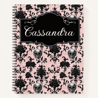 Pink and Black Goth Skulls and Roses Personalized Notebook