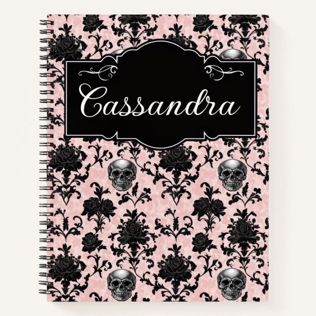 Pink and Black Goth Skulls and Roses Personalized Notebook (Front)
