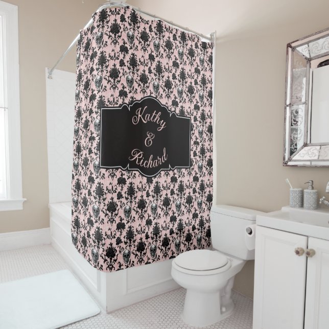 Pink and Black Goth Skulls and Roses Personalized Shower Curtain (In Situ)