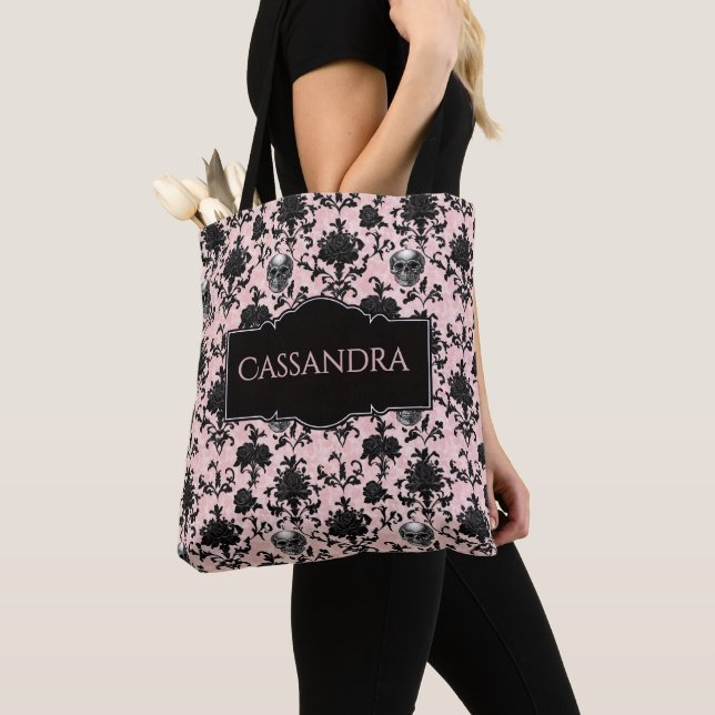 Pink and Black Goth Skulls and Roses Personalized Tote Bag (Close Up)