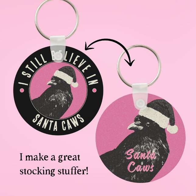 Pink and Black Gothic Crow Stocking Stuffer Keychain (This double-sided pink and black Crowmas metal keychain makes a fun stocking stuffer.)