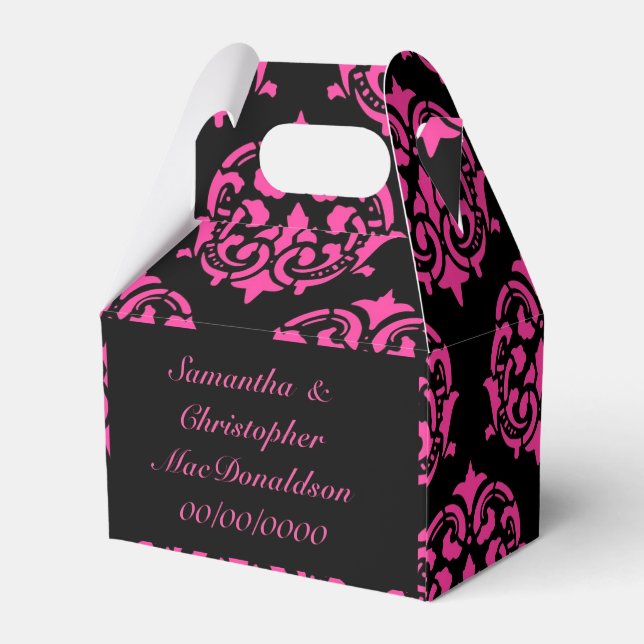 Pink and black gothic damask pattern wedding favor boxes (Back Side)