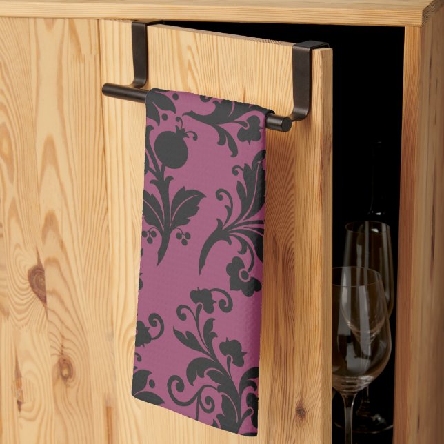 Pink and Black Gothic Flowers Pattern Halloween Kitchen Towel (Thirds Fold)